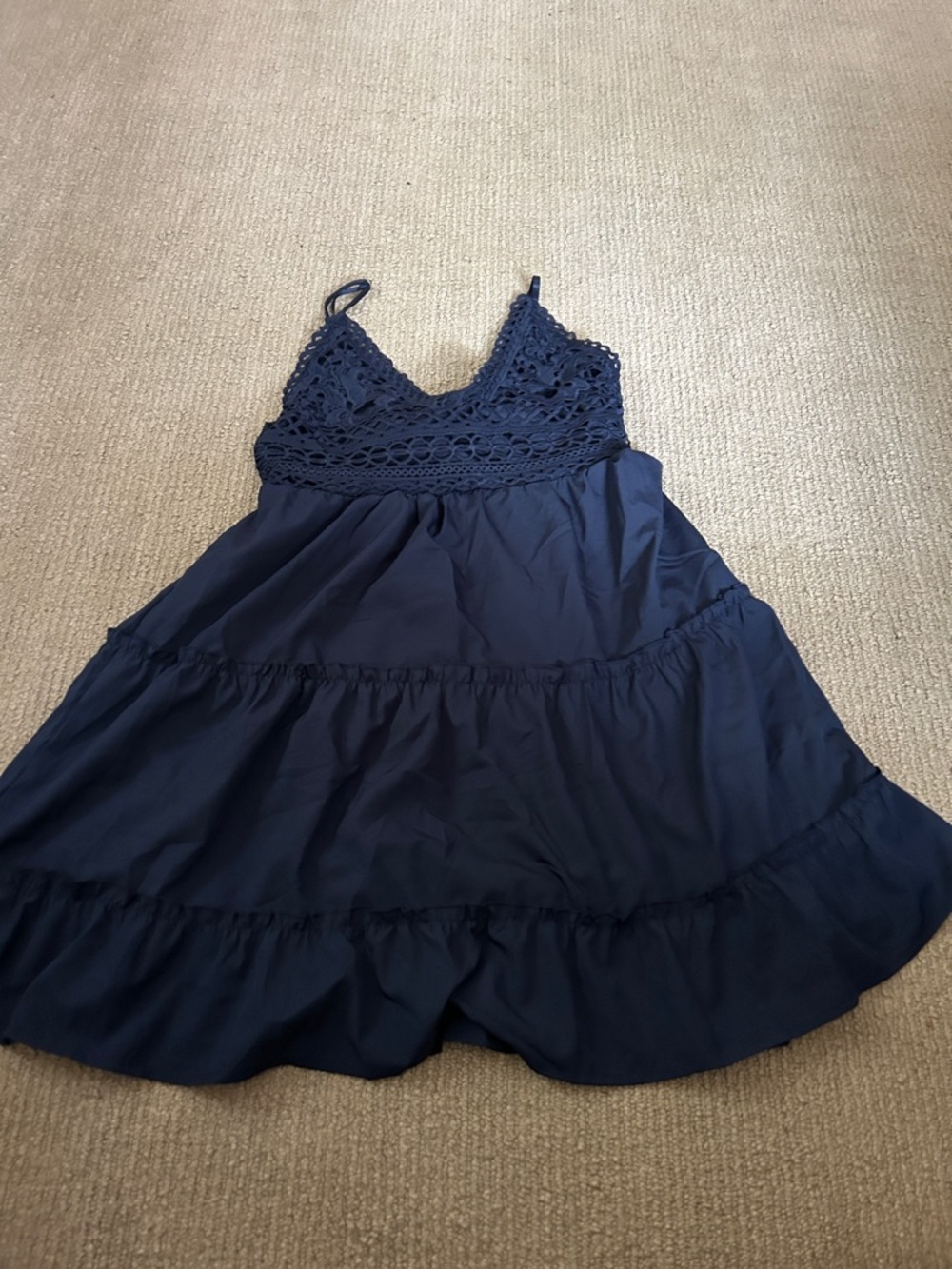 Navy Blue Crochet-Trim Spaghetti Strap Kids Dress